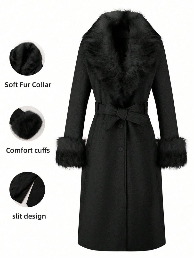 Women's Fall Winter Mid-Length Plain Woolen Coat, Warm Fitted Jacket with Fur Collar, Waist Belt & Pockets, Casual Style