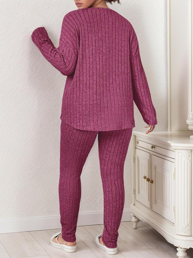 [Plus Size] Two-Piece Set Solid Drop Shoulder Top & Skinny Pants Ribbed Pajama Set, Casual Comfy Round Neck Long Sleeve Top & Trousers Set, Women's Sleepwear for Fall & Winter