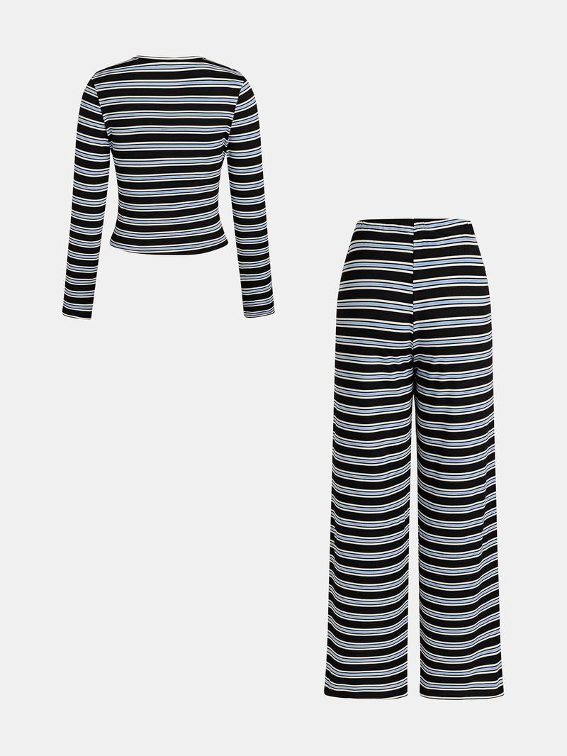 Women's Casual Colorblock Striped Long Sleeve Top & Loose-Fit Pants Set, Perfect for Holidays, Commuting, Daily Wear