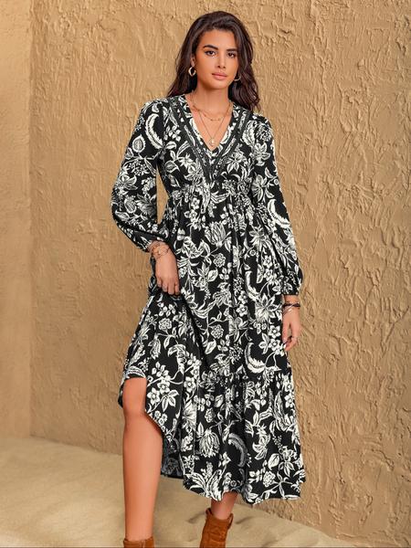 【Plus Size】 All Over Plant Print Ruffle Hem A Line Dress, Casual Bishop Sleeve V Neck Long Sleeve Dress for Fall & Winter, Women's Clothes for Daily Wear