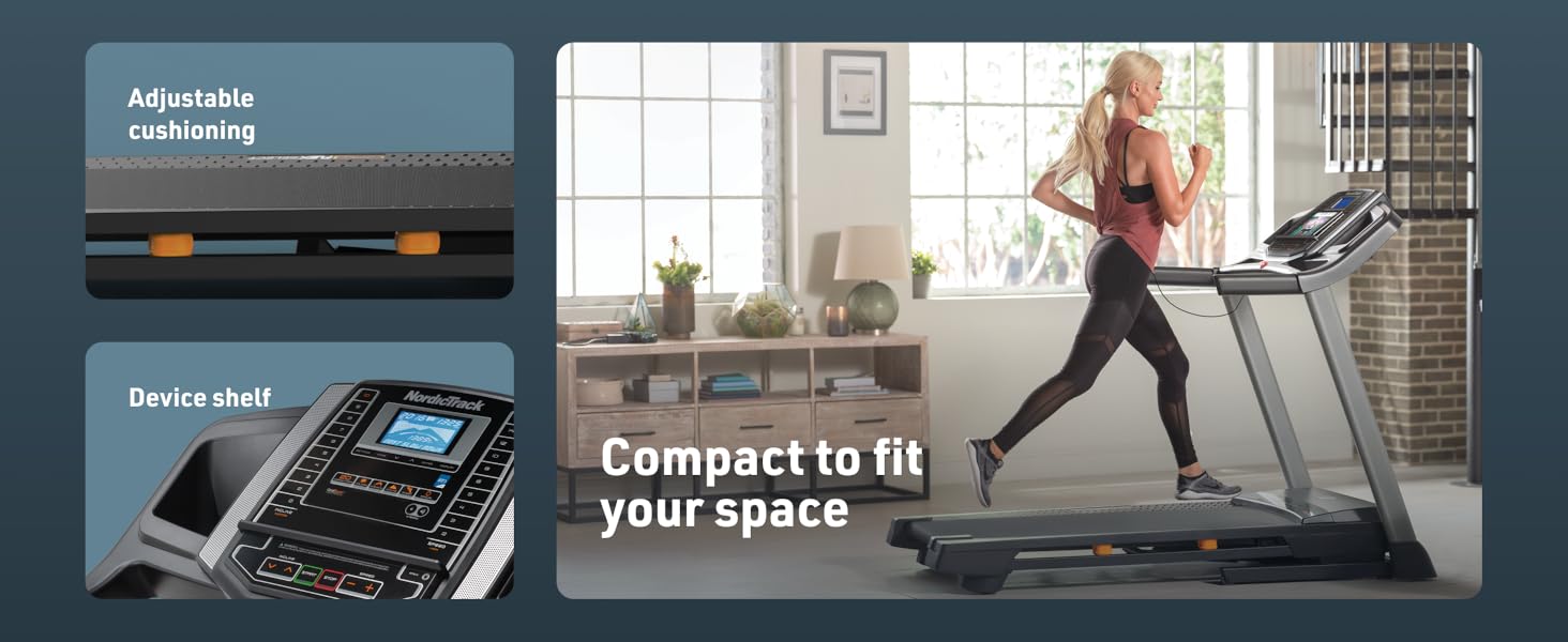 NordicTrack T6.5 comes with adjustable cushioning, device shelf and is compact to fit in your space