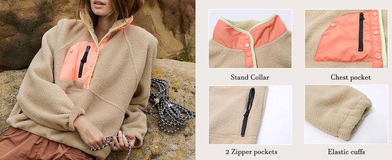 SCUSTY Women’s Lightweight Fleece Pullover Jacket Cropped Fall Winter Fuzzy Sherpa Jacket Sweatshirt Coat with Pockets