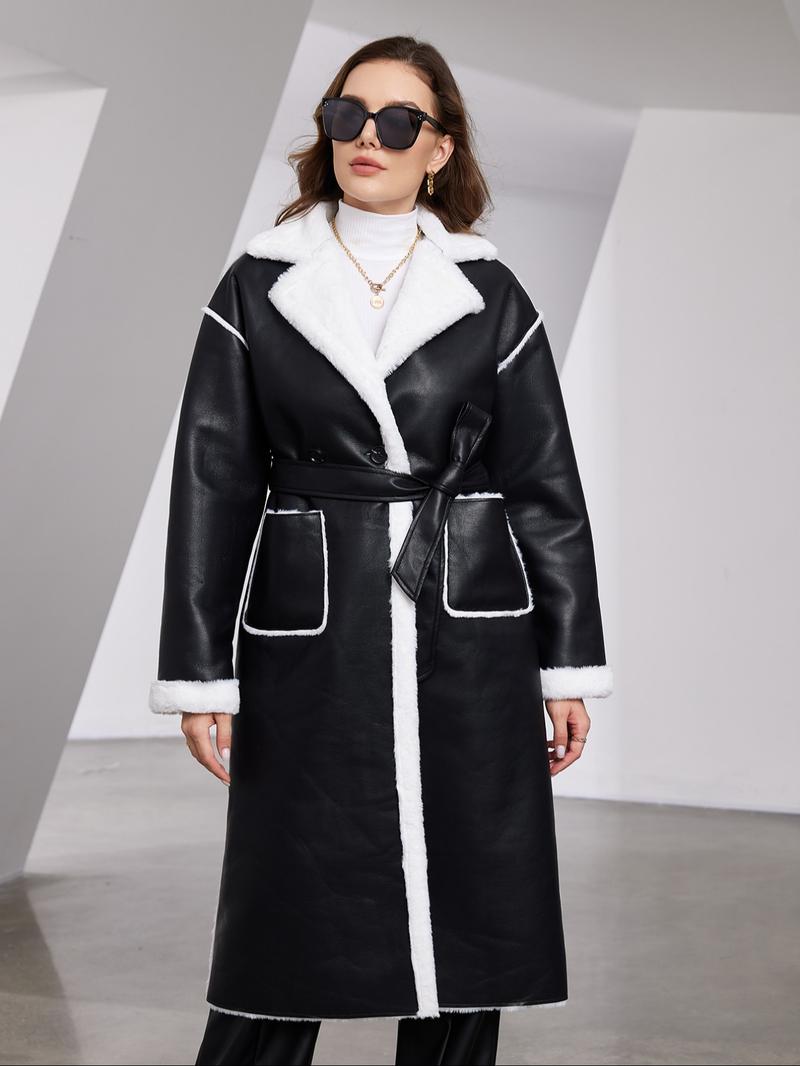 Women's Fall & Winter PU Leather Fur Coat, Thickened Fleece Lined Jacket, Waist Cinching Slimming Warm Outerwear