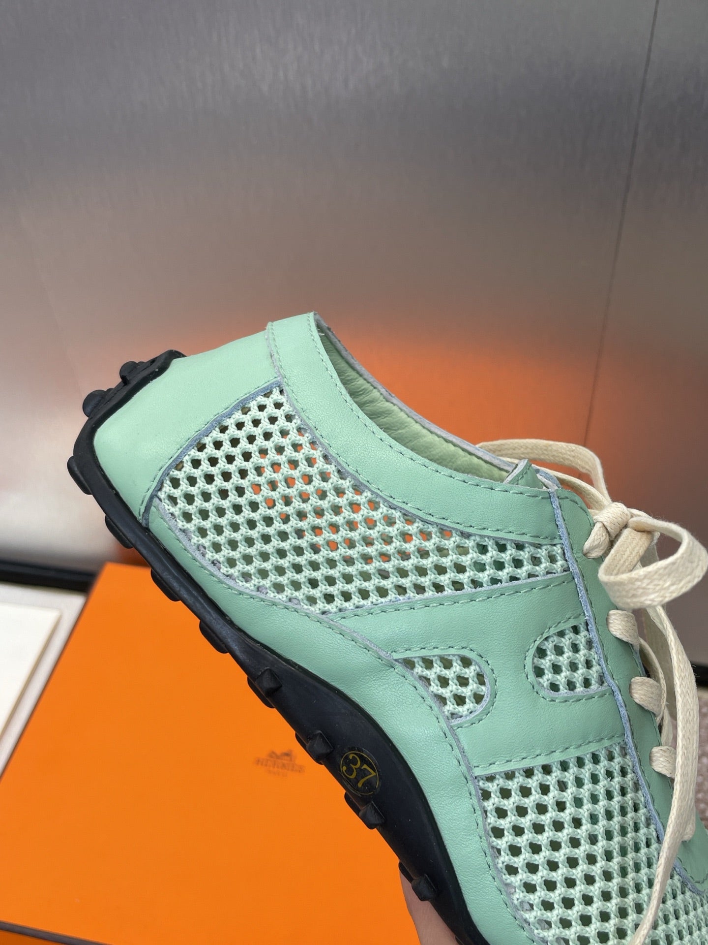 KIGA SNEAKER IN GREEN MINT CROCHET KNIT AND CALFSKIN、mysite、Cacoeks