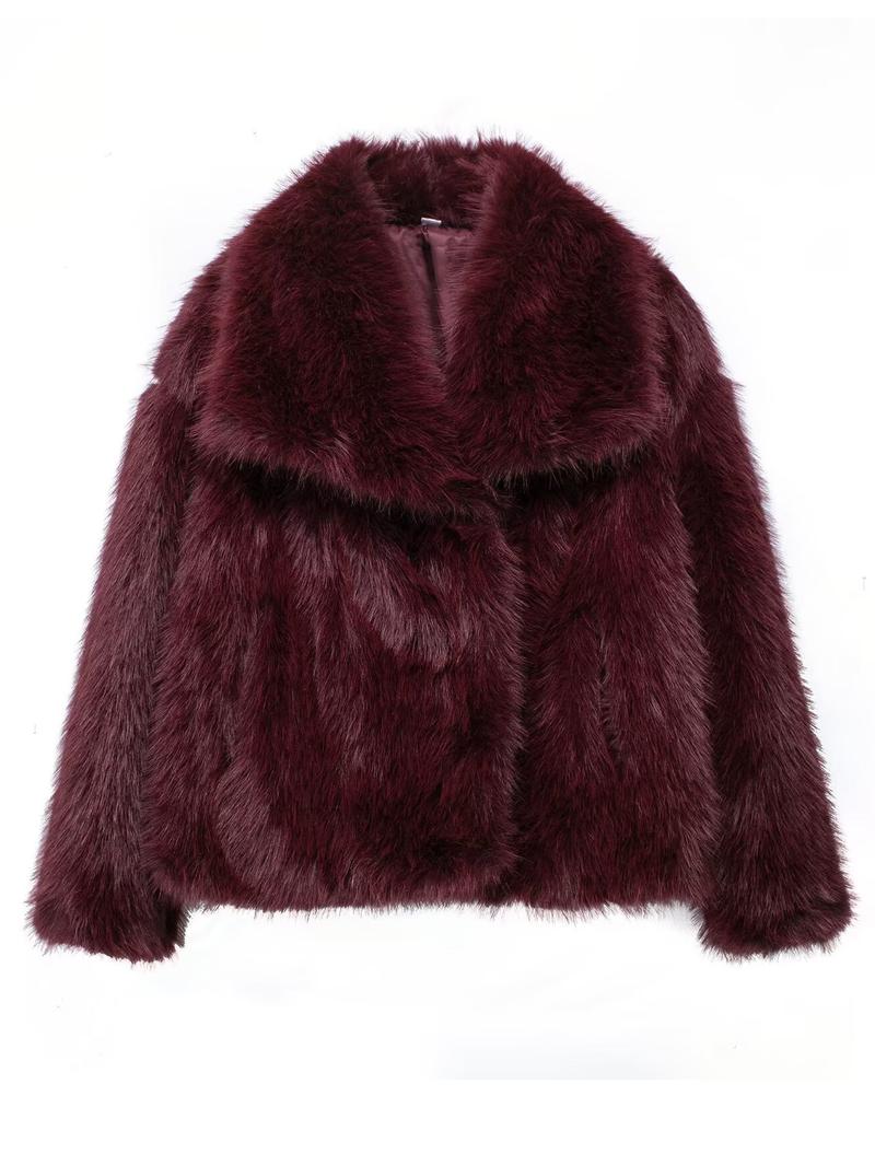 Women's Solid Color Faux Fur Fuzzy Jacket, Casual Elegant Long Sleeve Collared Fuzzy Coat for Fall & Winter, Women's Clothing for Daily Wear, Cute Tops
