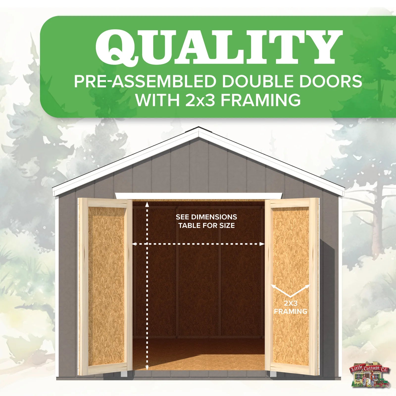 Infographic with door dimensions of the Little Cottage Co Value Gable Sheds