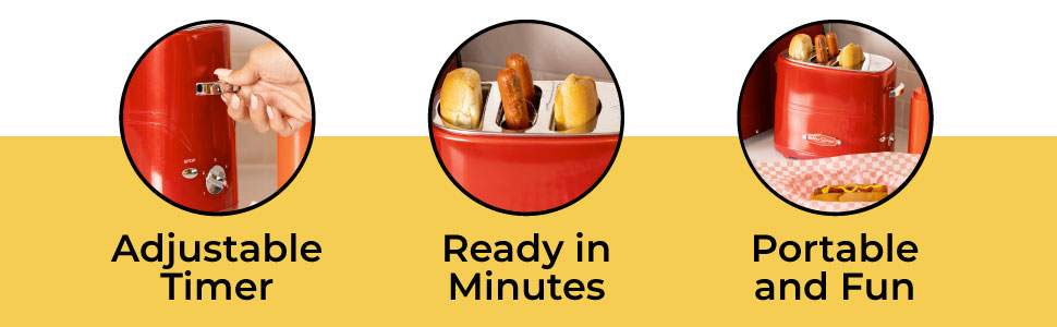 Hot dog warmer has an adjustable timer, provides portable fun, and food is ready in minutes.