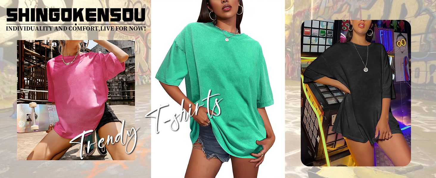 SHINGOKENSOU Oversized T Shirts for Women Wash Acid Tees Vintage