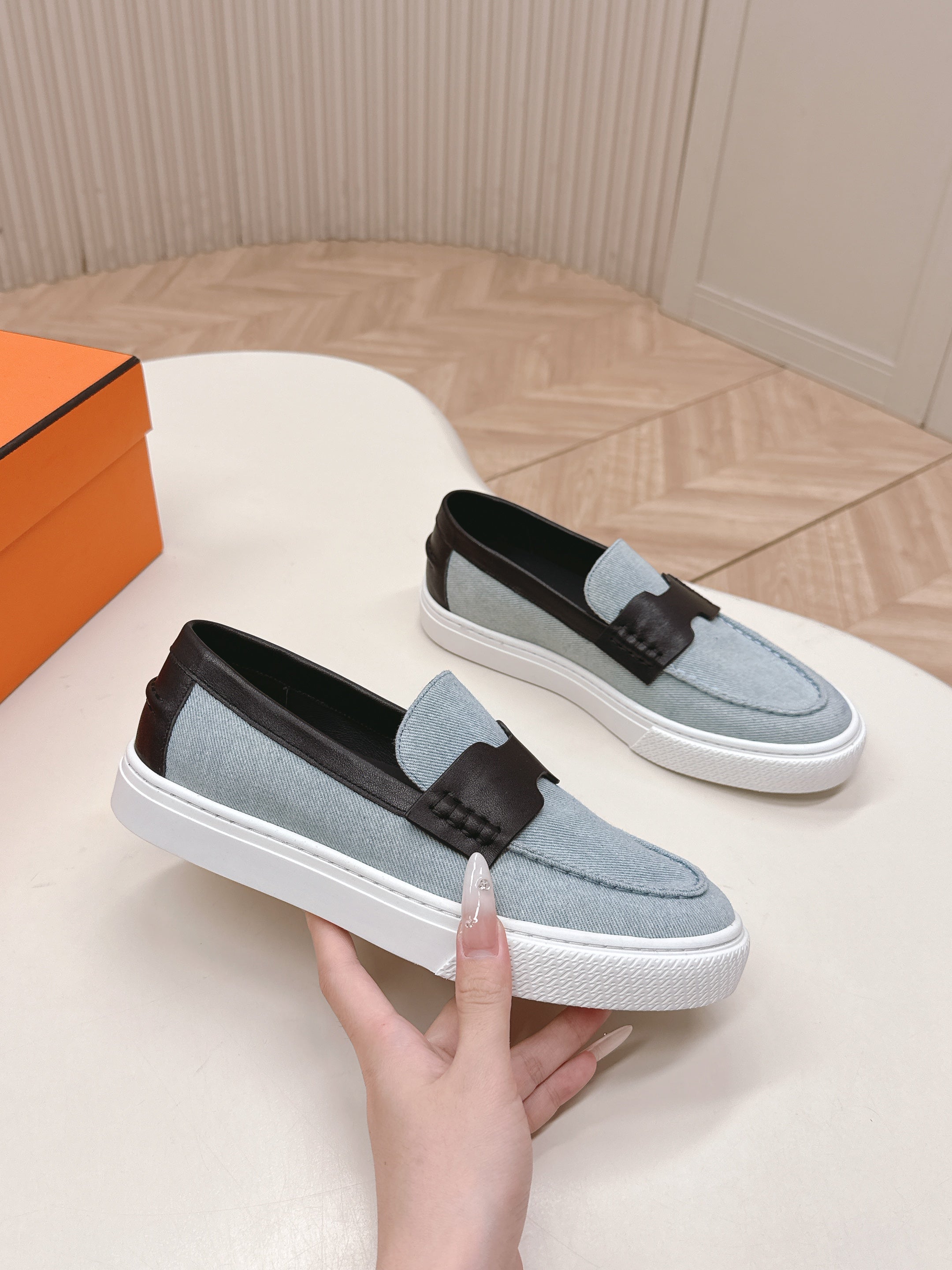 HM 25S SLIP-ON IN BLUE DENIM AND BLACK LAMBSKIN、mysite、Cacoeks