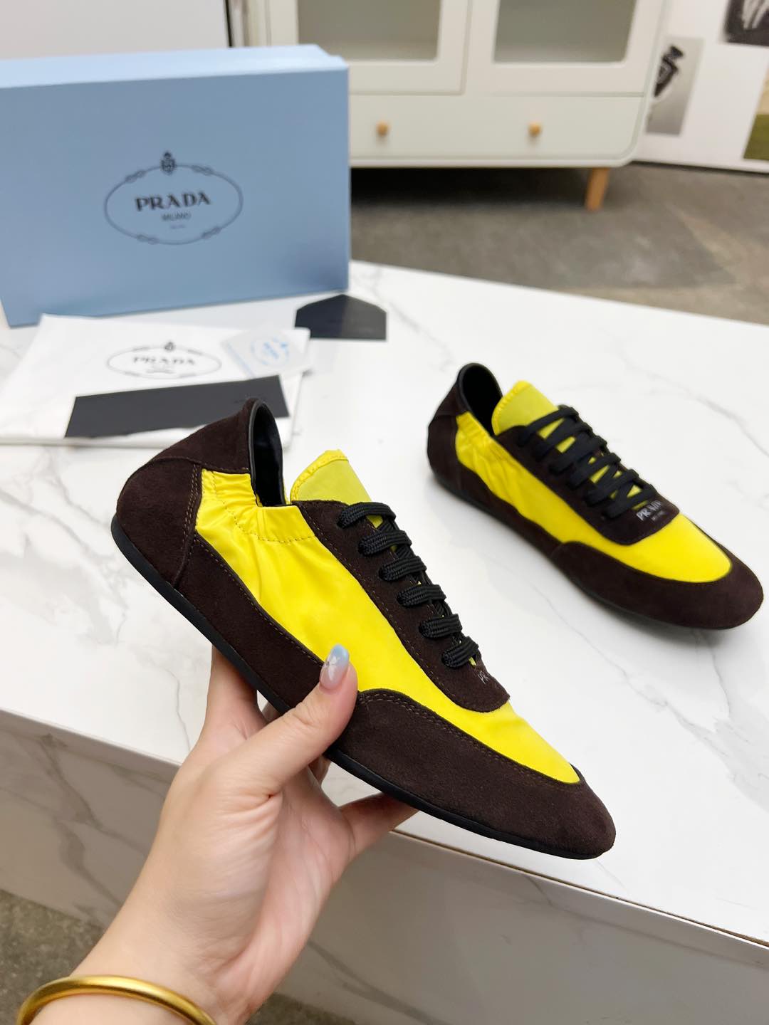 COLLAPSE SNEAKERS IN CHOCOLATE SUEDE AND YELLOW NYLON、mysite、Cacoeks