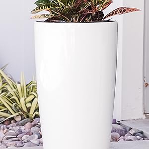 self watering planter, set of 2 nested planters, xbrand, white planter, tall round planter