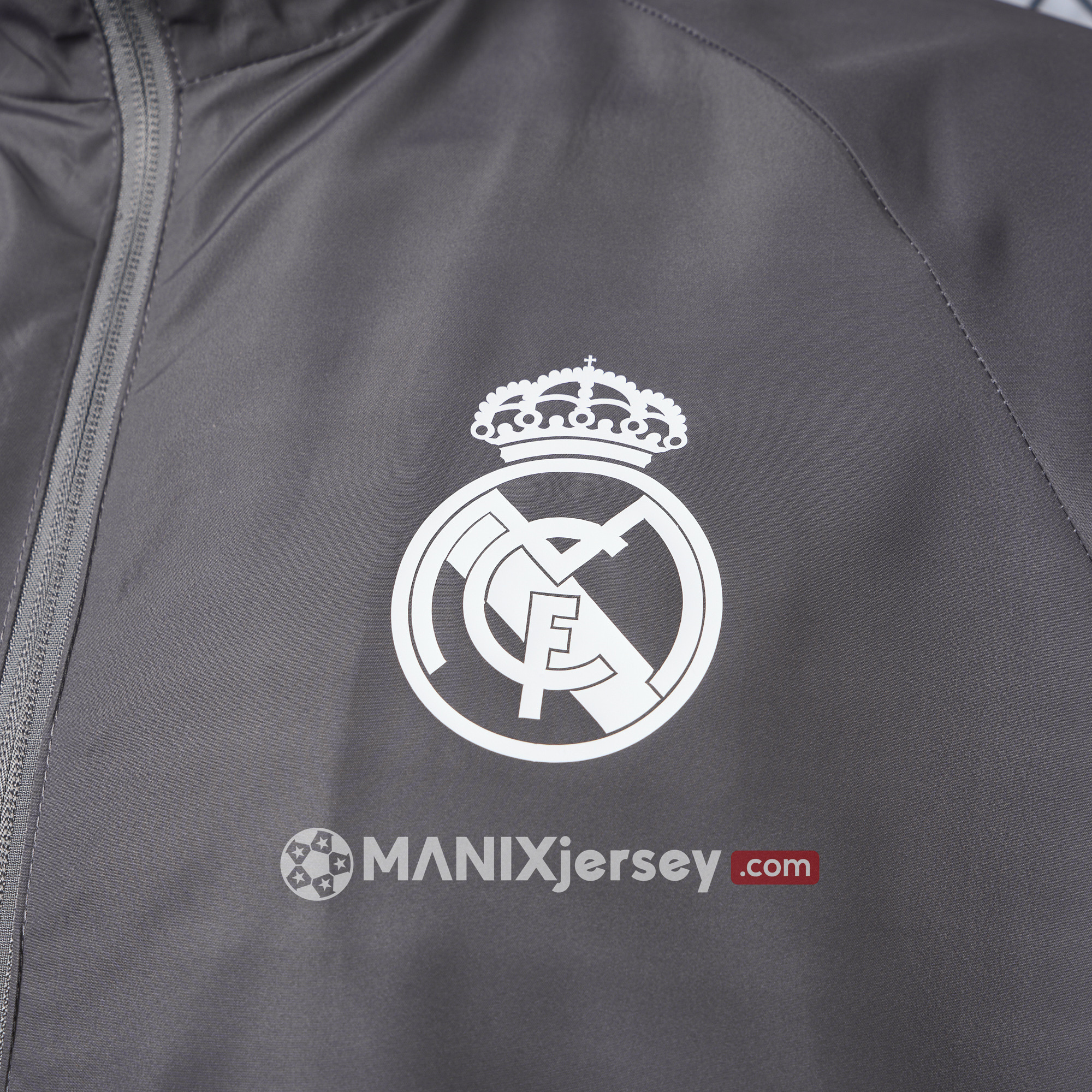 ManixJersey.com | Real Madrid 24-25 Throwback Windbreaker Jacket - Grey -Customize Name, Number and Patch | Worldwide Shipping