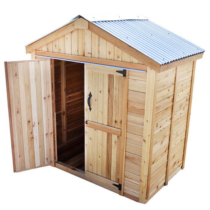 A spacious, pre-assembled, SpaceMaster 6x4 wood outdoor storage shed with double doors in natural unstained wood finish.