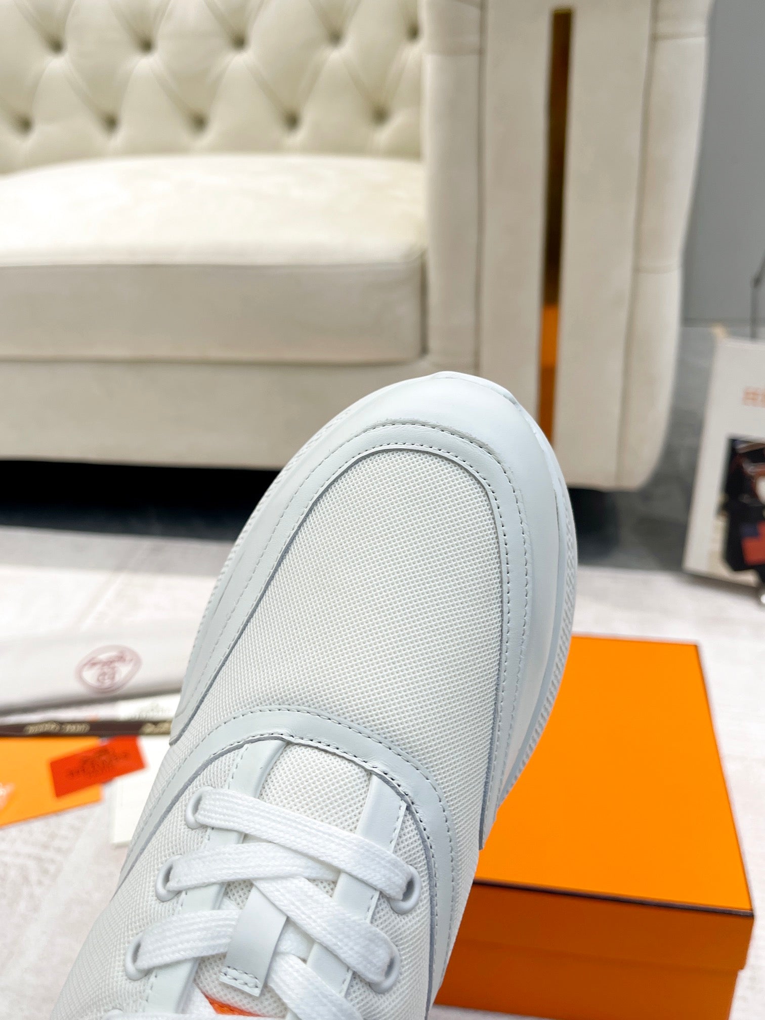 GIGA SNEAKER IN WHITE CREAM STITCHED MESH AND CALFSKIN、mysite、Cacoeks