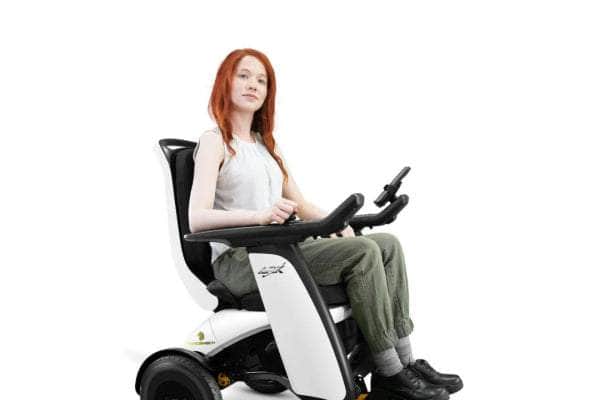 Forcemech ARK Powerchair displaying its advanced safety lighting system with LED headlight and rear brake light for enhanced visibility.