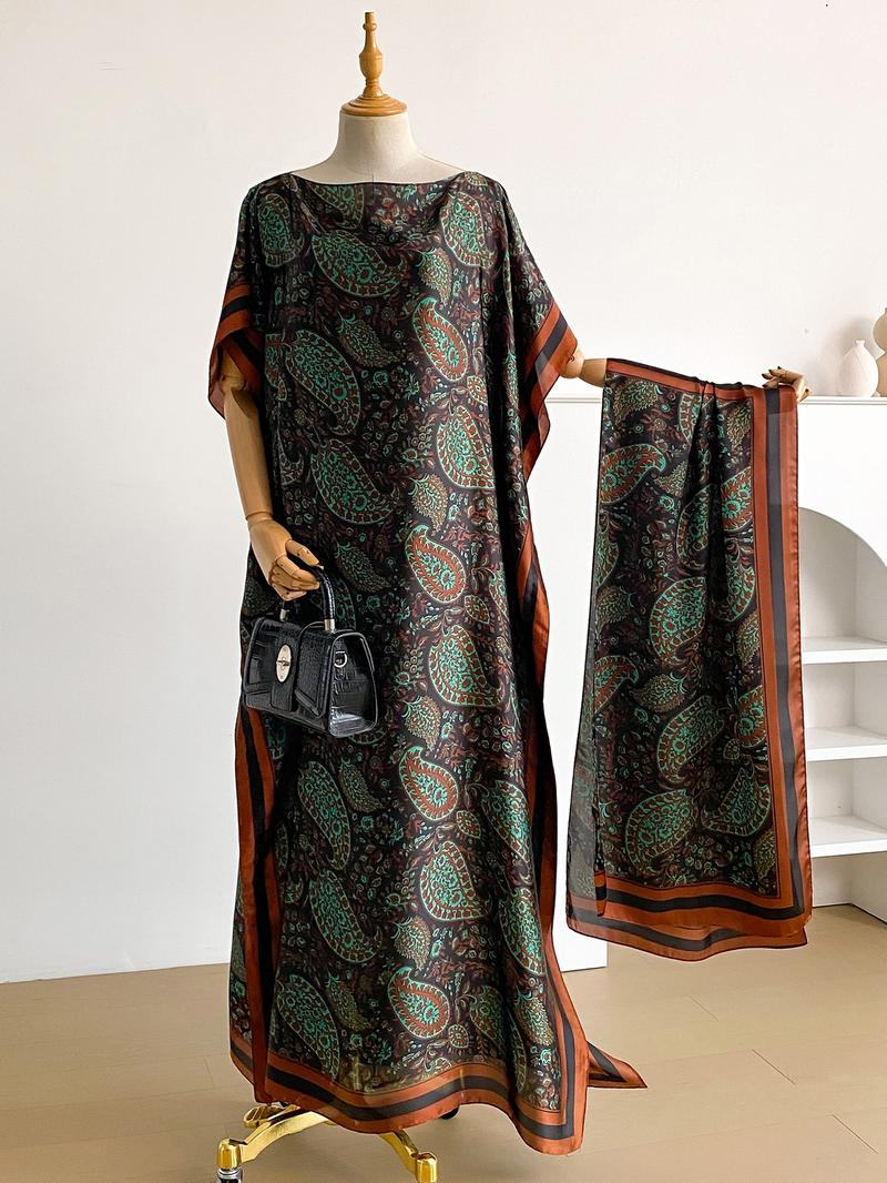 Women's Peacock Print Cape Shawl & Scarf Set, Elegant Beach Cover-Up For Holiday Vacation, Swimwear Coverups