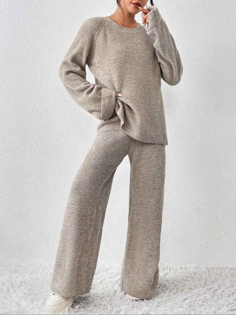 Women's Raglan Sleeve Split Sweater & Elastic Waist Pants Set, Basic Round Neck Top & Pants Sweater Set, Women's Autumn & Winter Clothing for Daily Wear.