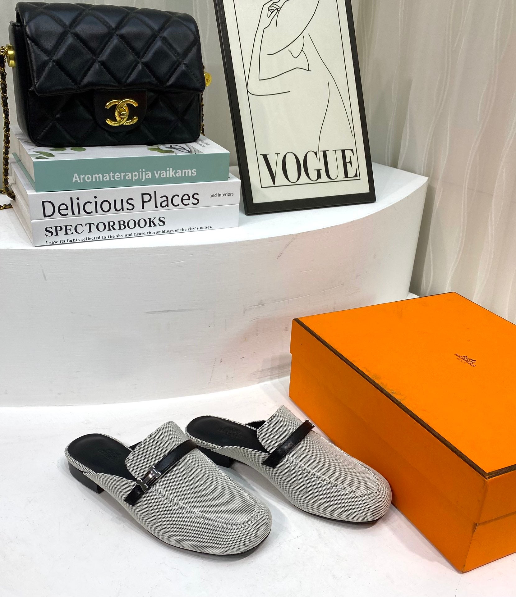 IENA MULE GRAY CANVAS AND BLACK CALFSKIN、mysite、Cacoeks