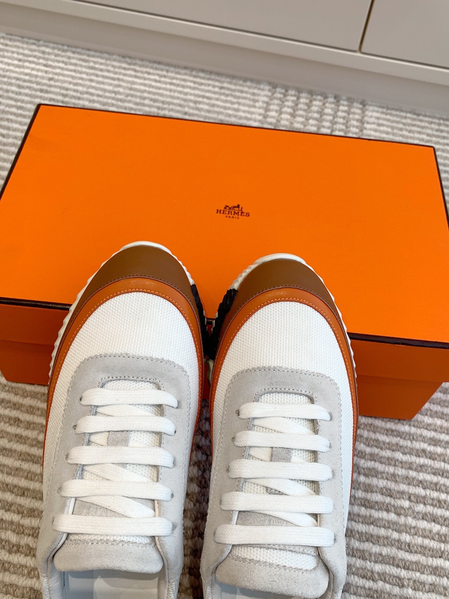 BOUNCING SNEAKER IN WHITE GRAPHIC MESH AND BRONZE BROWN CALFSKIN、mysite、Cacoeks