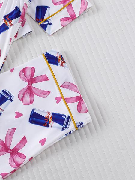 2-piece women's set with bow and heart design, long sleeve top, long pants with small pockets, comfortable, soft, skin-friendly, smooth fabric, elastic waistband, suitable for all seasons, casual loungewear, pajamas.