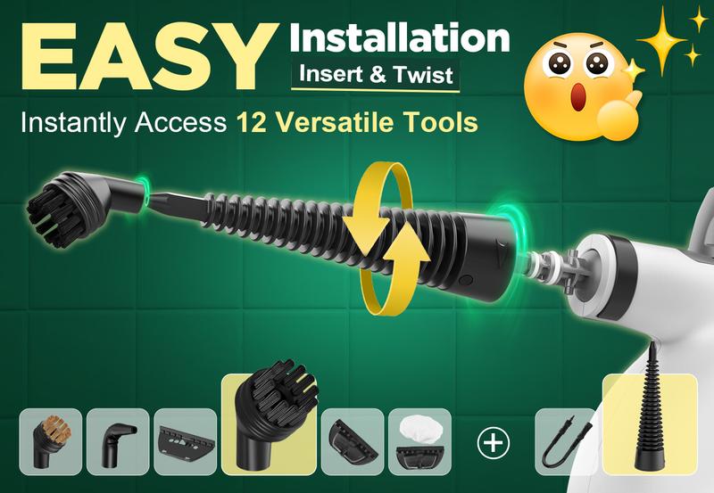 Phueut Pressurized Handheld Multi-Surface Natural Steam Cleaner with 12 pcs Replacement Parts , Multi-Purpose Steamer for Home Use, Kitchen and Car