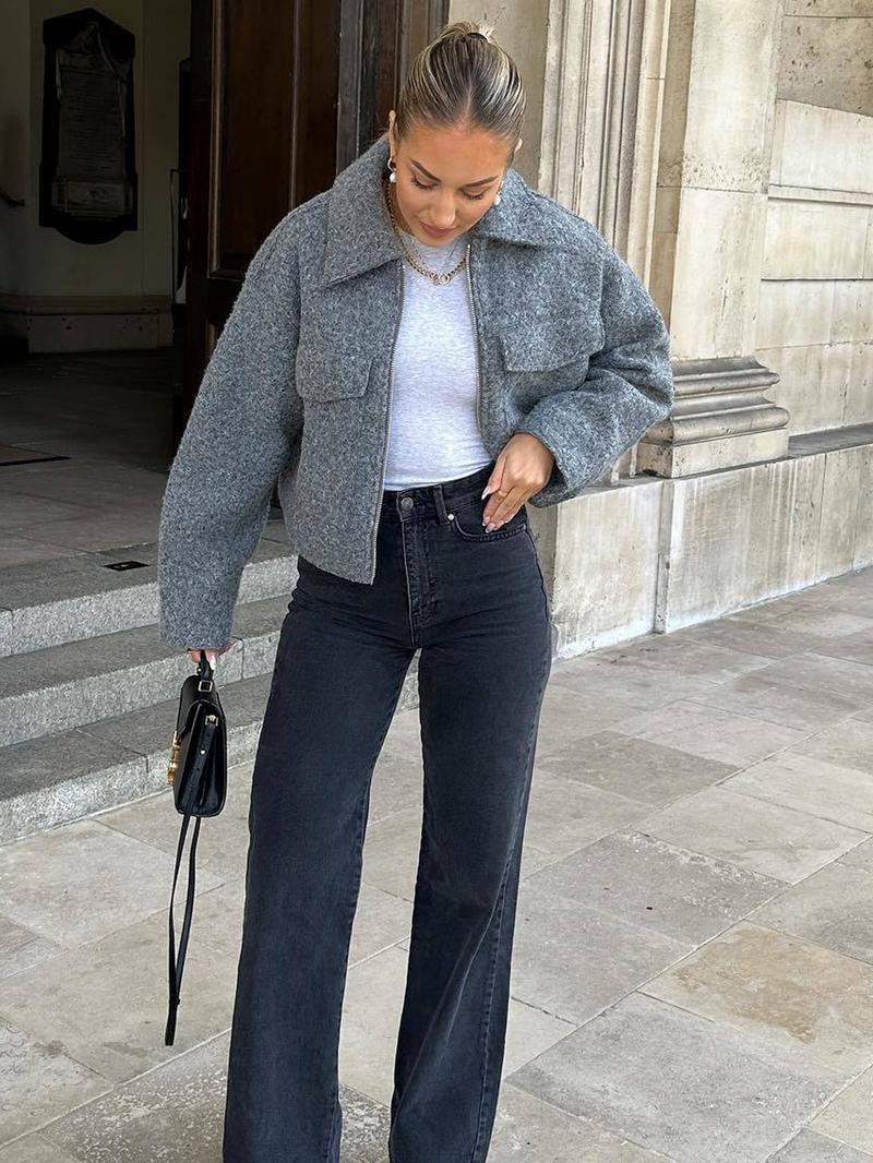 Women's Straight Shoulder Zipper Jacket, Fashion Casual Long Sleeve Outerwear, Daily Outdoor Wear, Fall & Winter Women's Clothing