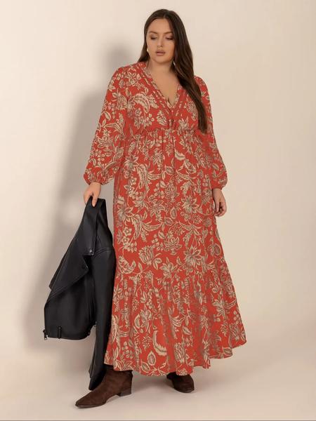 【Plus Size】 All Over Plant Print Ruffle Hem A Line Dress, Casual Bishop Sleeve V Neck Long Sleeve Dress for Fall & Winter, Women's Clothes for Daily Wear