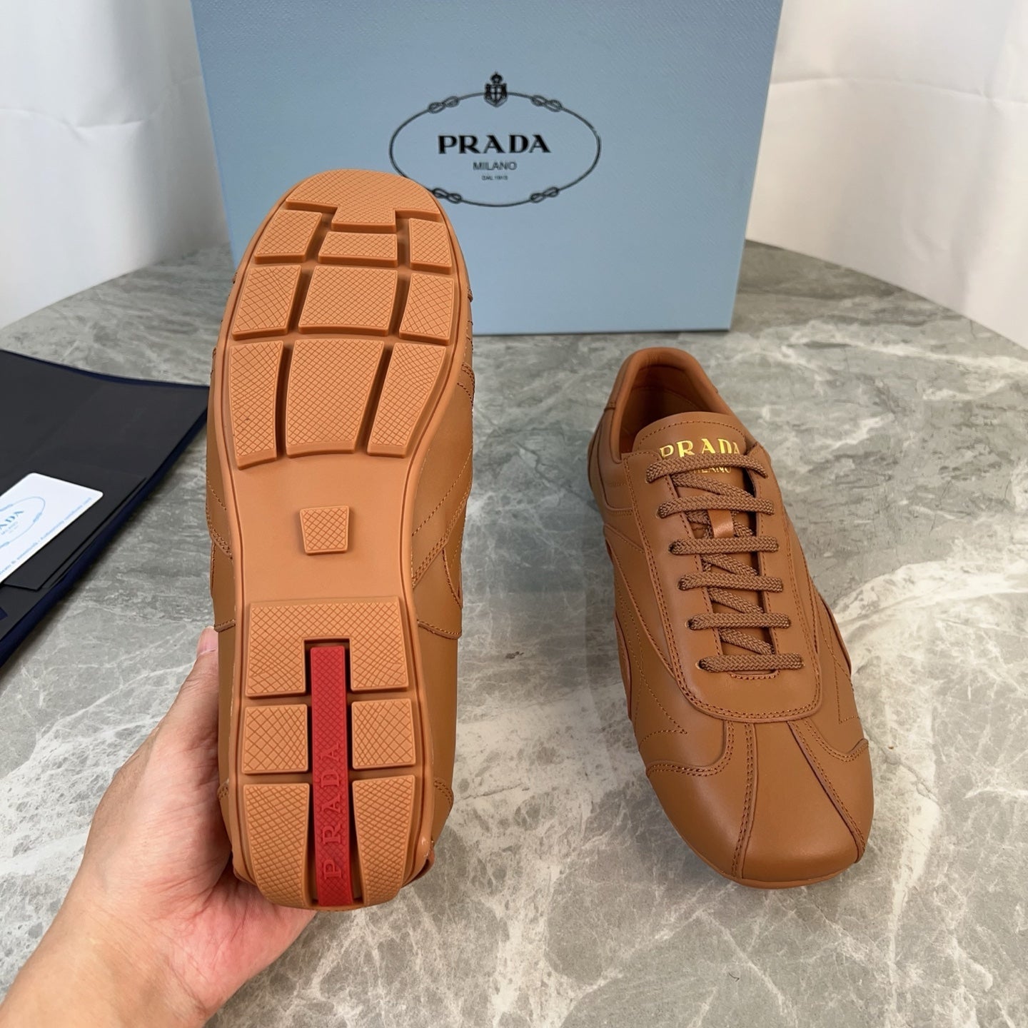 PRADA 25S MONTECARLO ANTIQUED SNEAKERS IN CARAMEL NAPPA LEATHER、mysite、Cacoeks