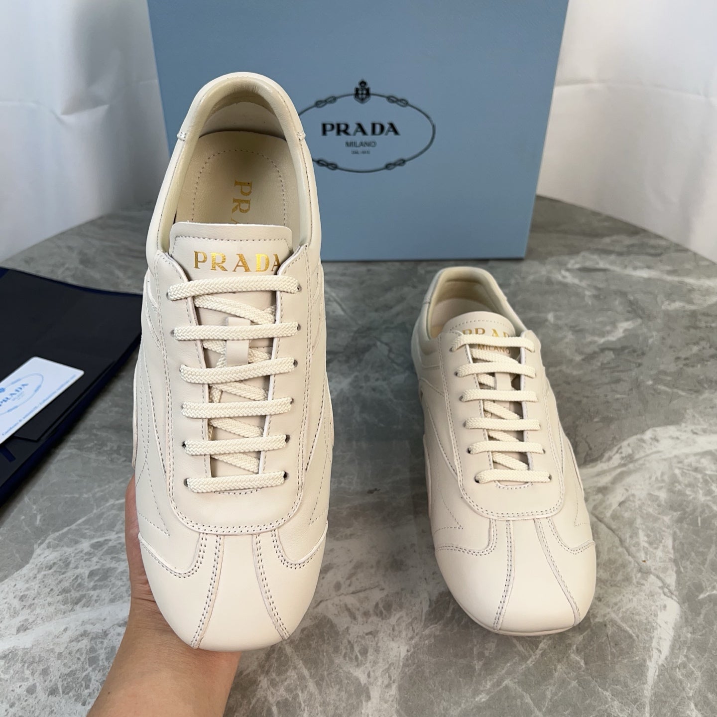 PRADA 25S MONTECARLO ANTIQUED SNEAKERS IN CHALK WHITE NAPPA LEATHER、mysite、Cacoeks