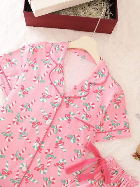 2 pieces of ladies' Christmas cane candy printed short sleeved shorts sleepwear set with buttons, collars, bows, suitable for comfortable and casual home wear in all seasons