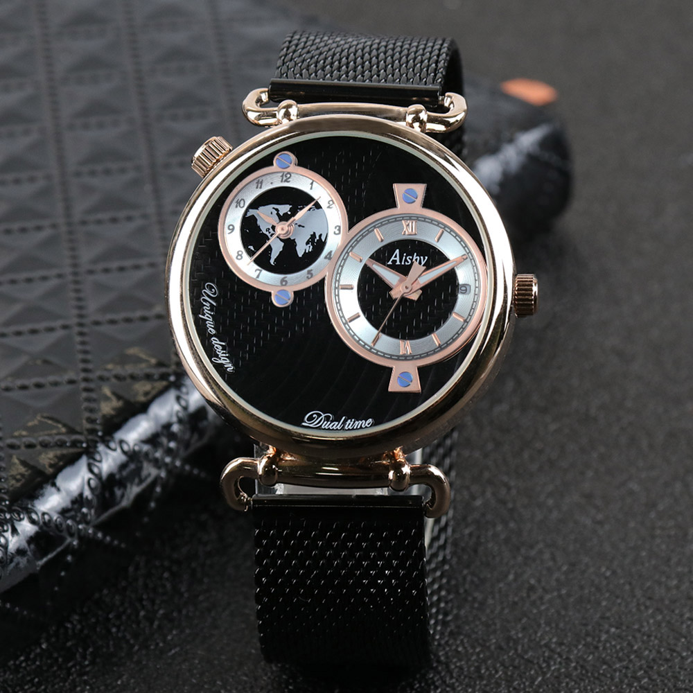 Custom Logo Men Quartz Watch Work Business  Aishy Watch Men Top Luxury Brand Stainless Steel Men WristWatch Dual time zone