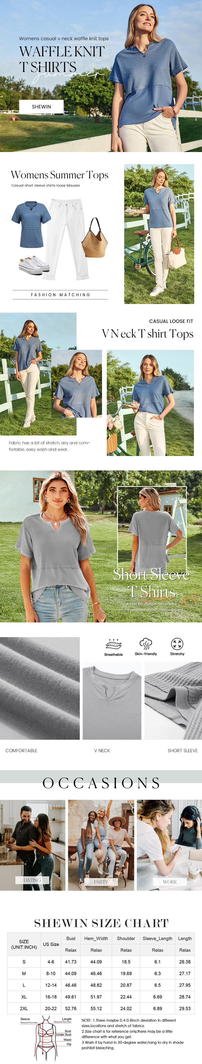 Shewin 2026 Spring/Summer Cozy Oversized Waffle Knit V-Neck Top Women's Short Sleeve Pullover Winter Layering Plus Size for Daily Wear Beach Tee SpringStatements