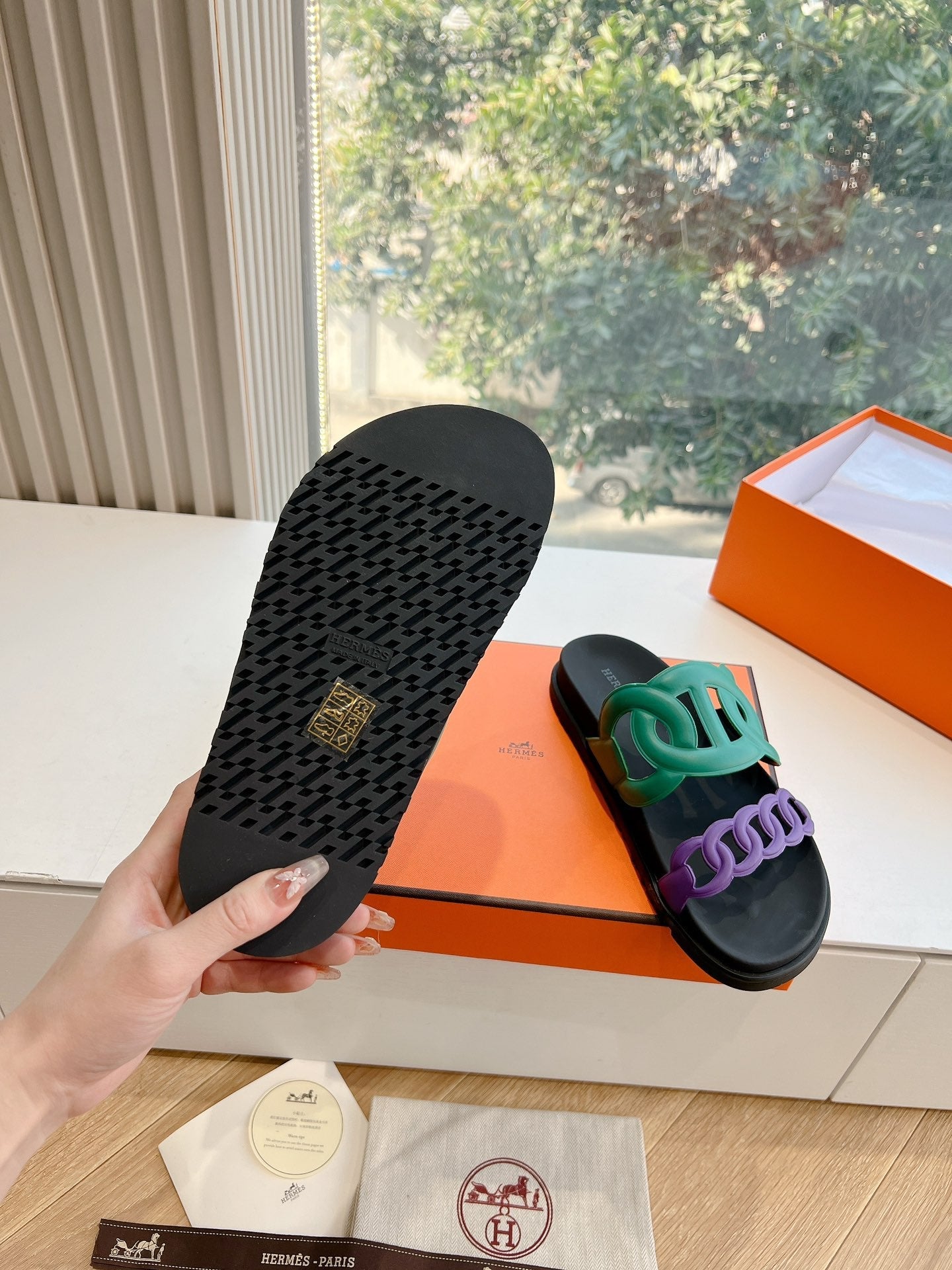 EXTRA SANDAL IN MEDIUM GREEN MIX VIOLET PURPLE CALFSKIN、mysite、Cacoeks