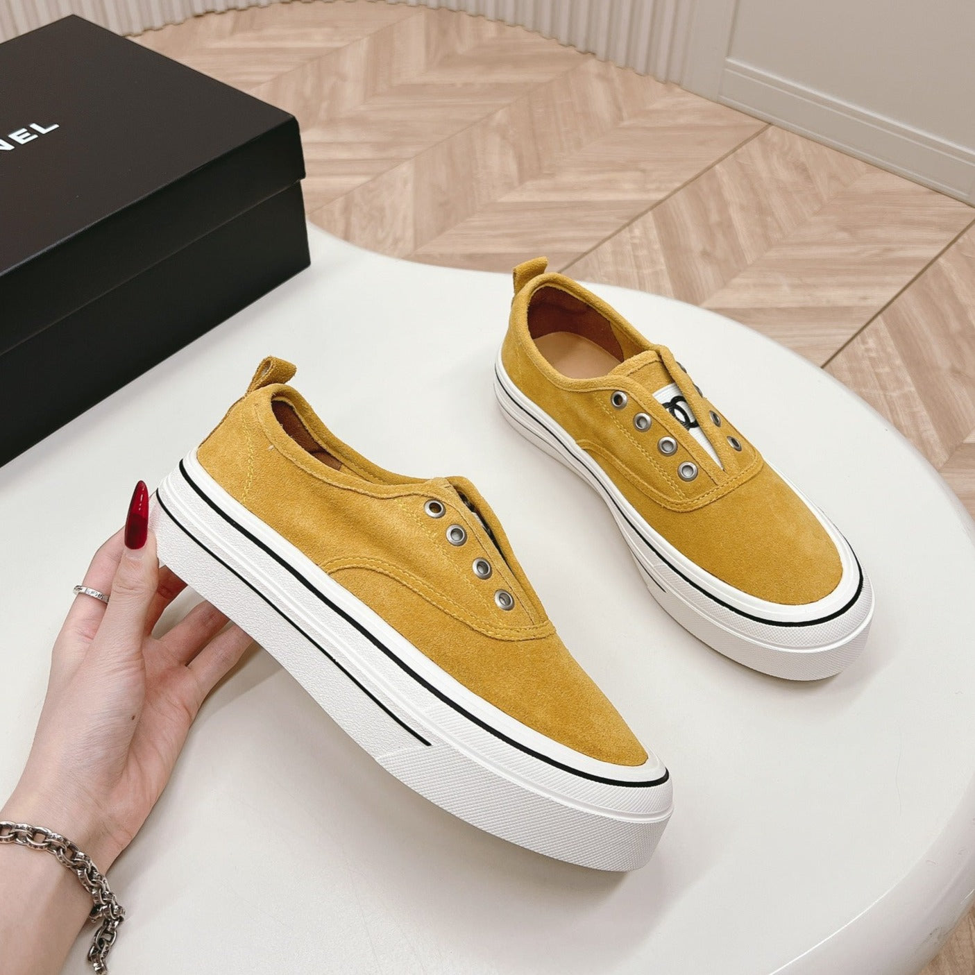 Double C Platform Biscuit Shoes Fabric Amber Yellow、mysite、Cacoeks