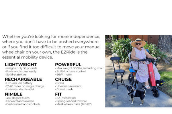 EZ Ride Wheelchair Power Assist Attachment featuring durable, water-resistant construction with stainless steel and coated aluminum.