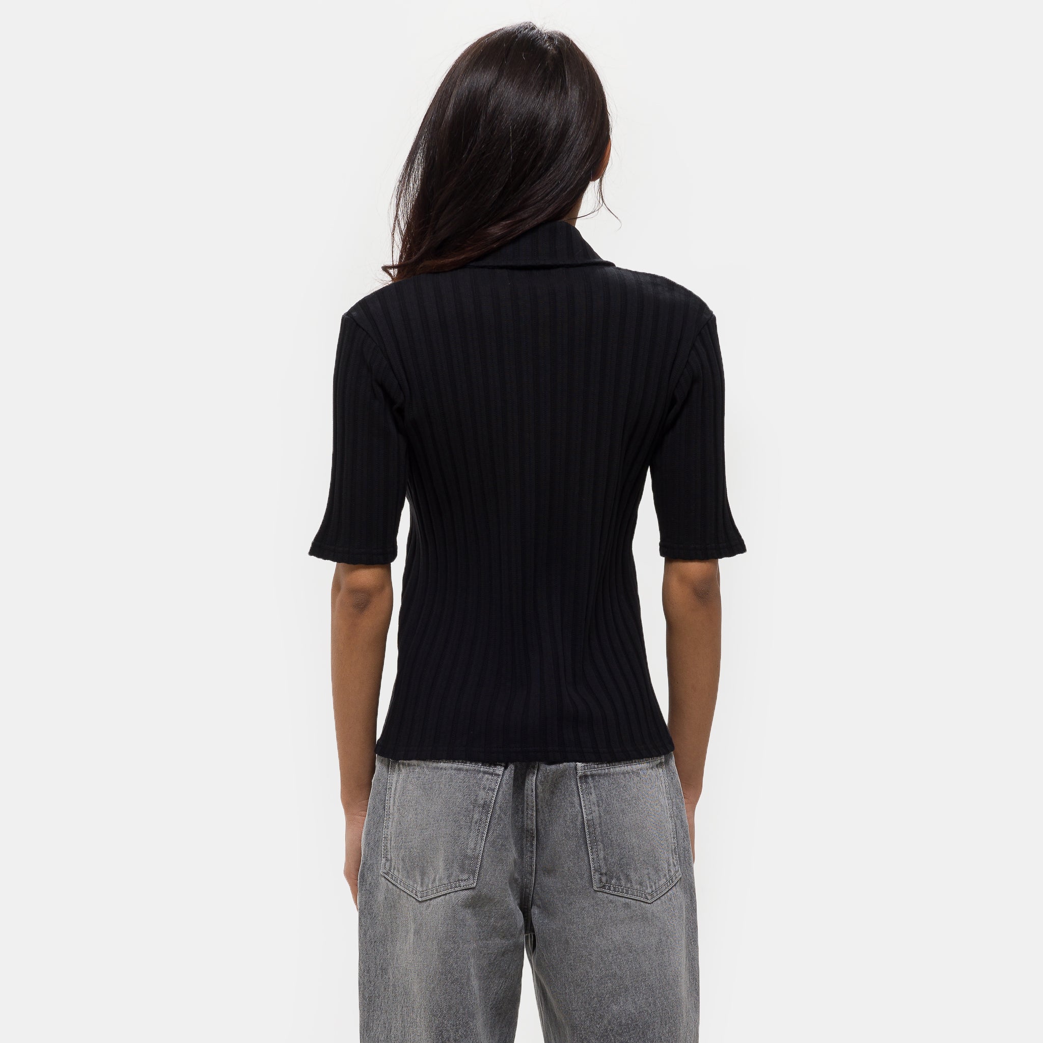 Zip Up Polo in Black Rib