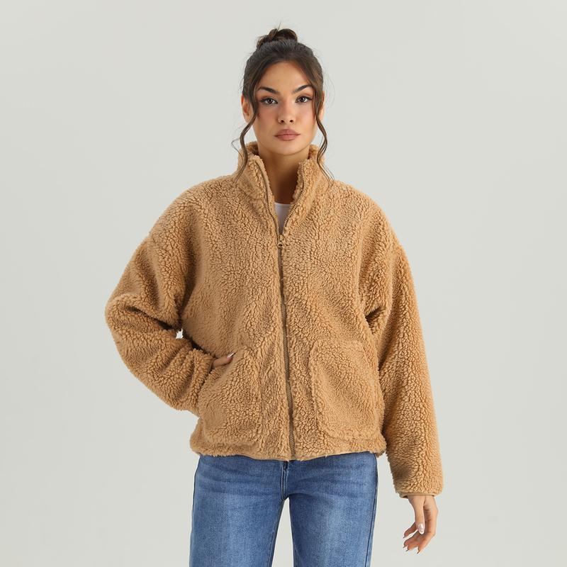 KatchMe Women's Cozy Mock Neck Side Pocket Zipper Fluffy Long Sleeve Outerwear, Versatile Faux Fur Fleece Coat for Fall & Winter, Comfort Solid Color Outfit（2）