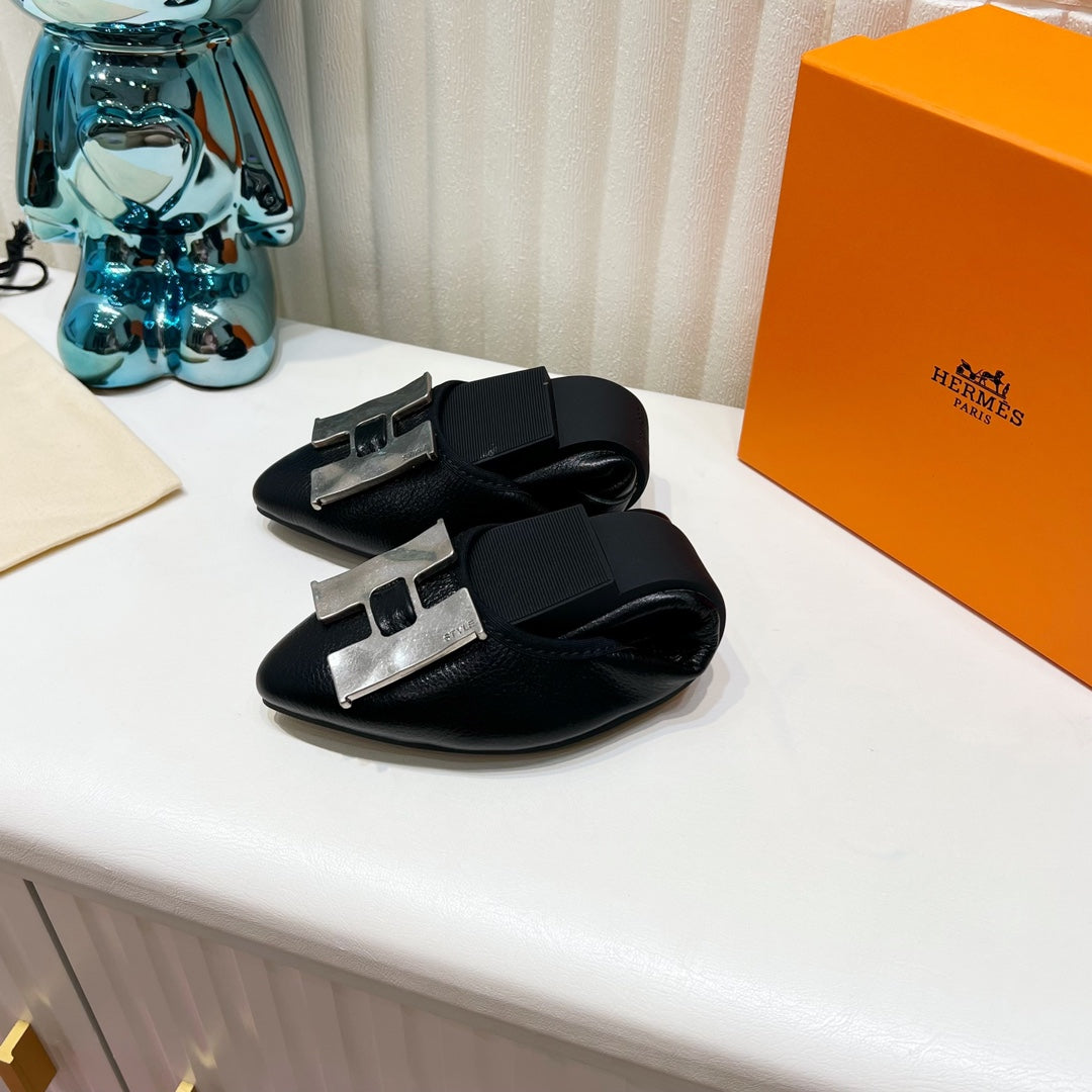 H-BUCKLE BALLLET FLAT BLACK CALFSKIN、mysite、Cacoeks