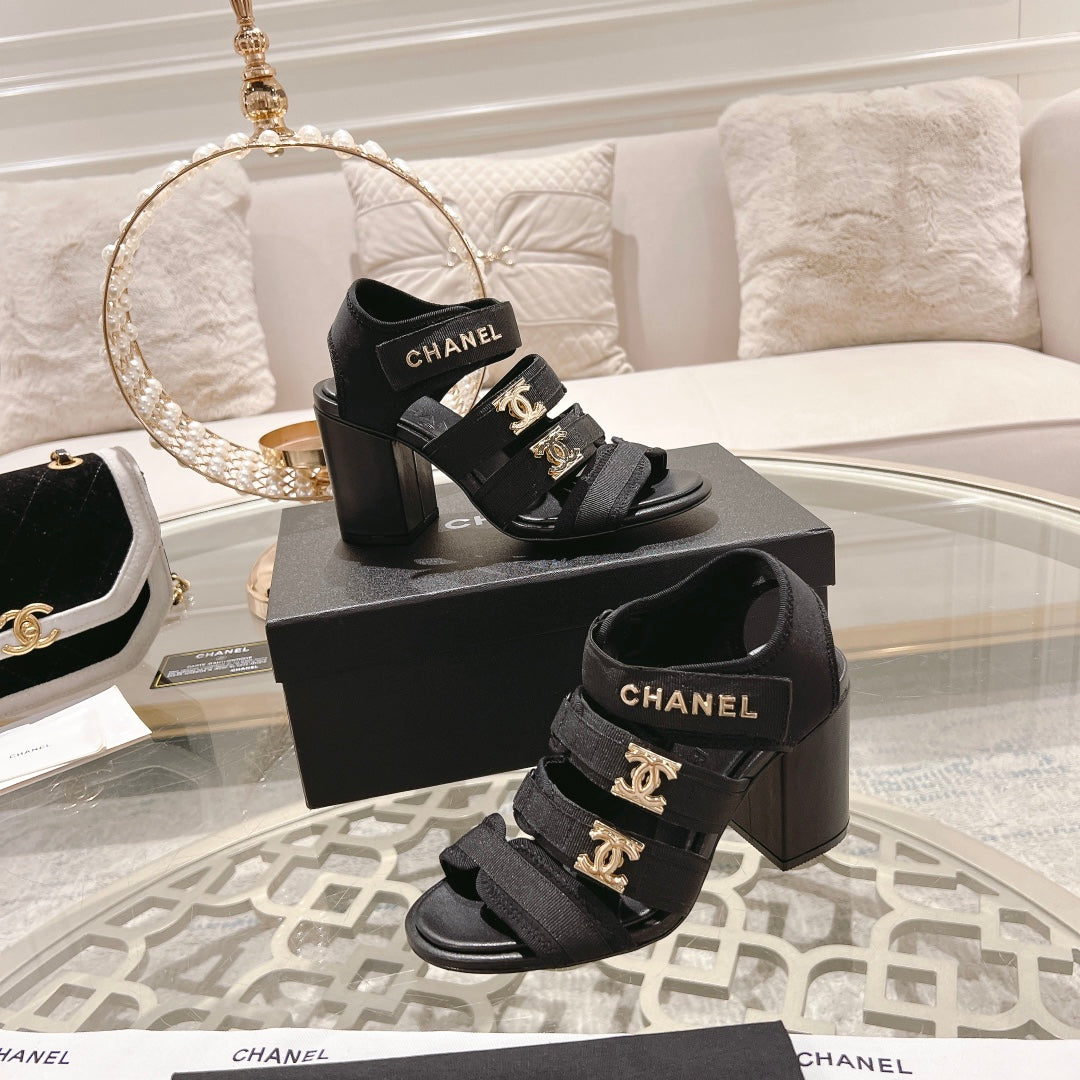 Double C Xiaoxiang Chain Fabric Head Chunky Heel Sandals Black Lambskin、mysite、Cacoeks