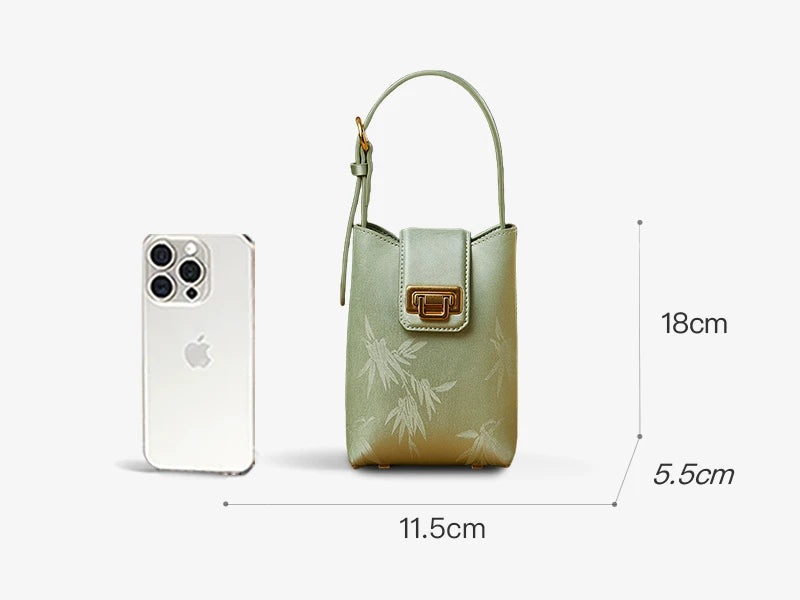 Embossed Leather Green Bamboo Leaf Phone Bag
