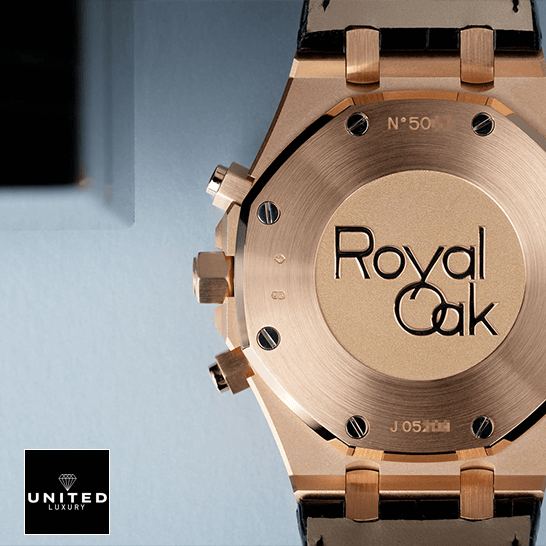 Audemars Piguet Royal Oak Chronograph 26320OR.OO.D002CR.01 Replica audemars piguet royal oak chronograph 26320OR.OO .D002CR.01 replica back Audemars Piguet Royal Oak Yellow Gold Case Replica upside view