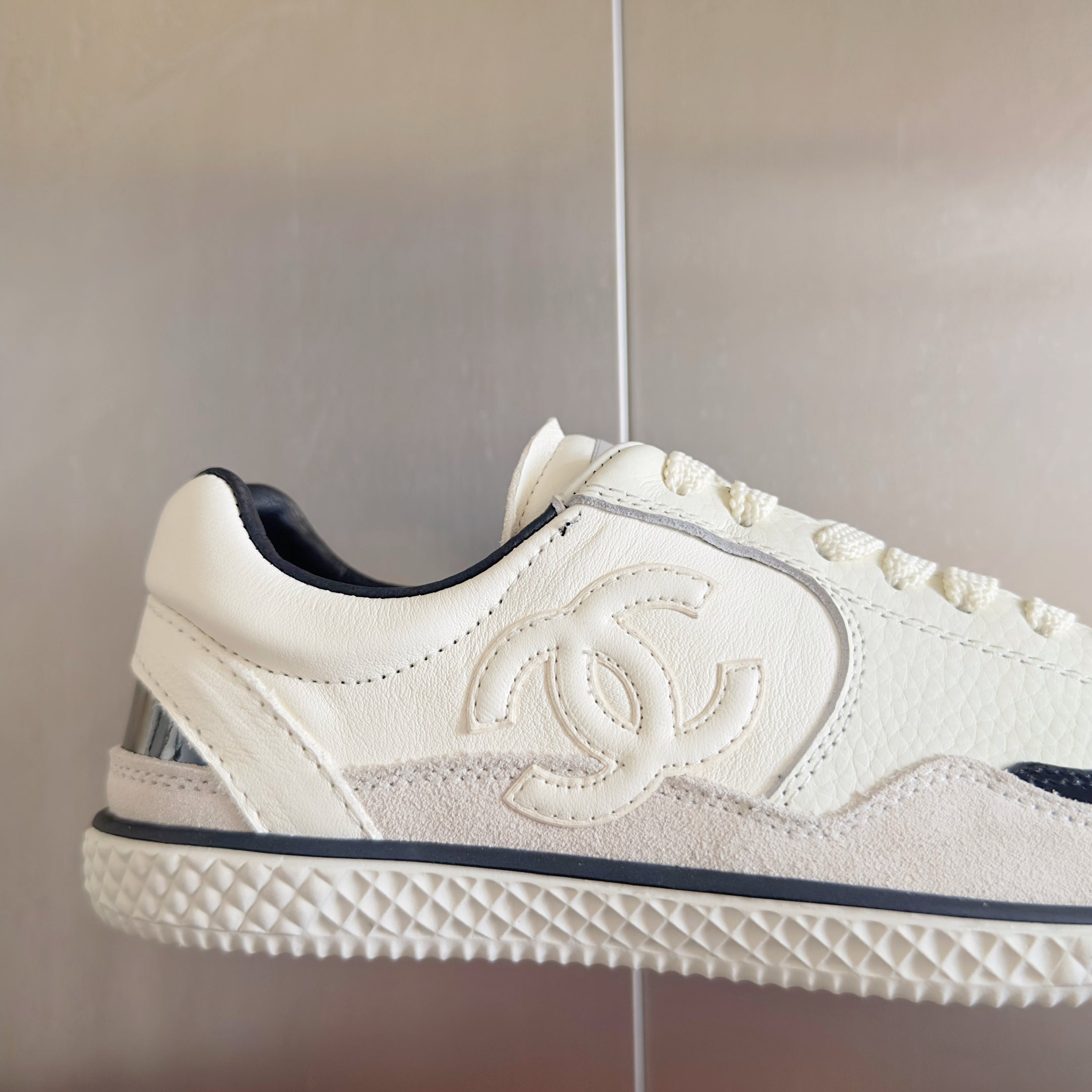 CHANEL 25S SNEAKERS WITH PATENT TOE 20MM IN WHITE CALFSKIN、mysite、Cacoeks
