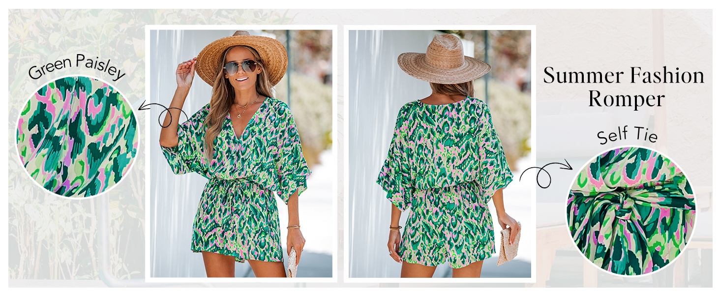 green abstract print v neck self tie waist long sleeve romper loose fit short summer jumpsuit