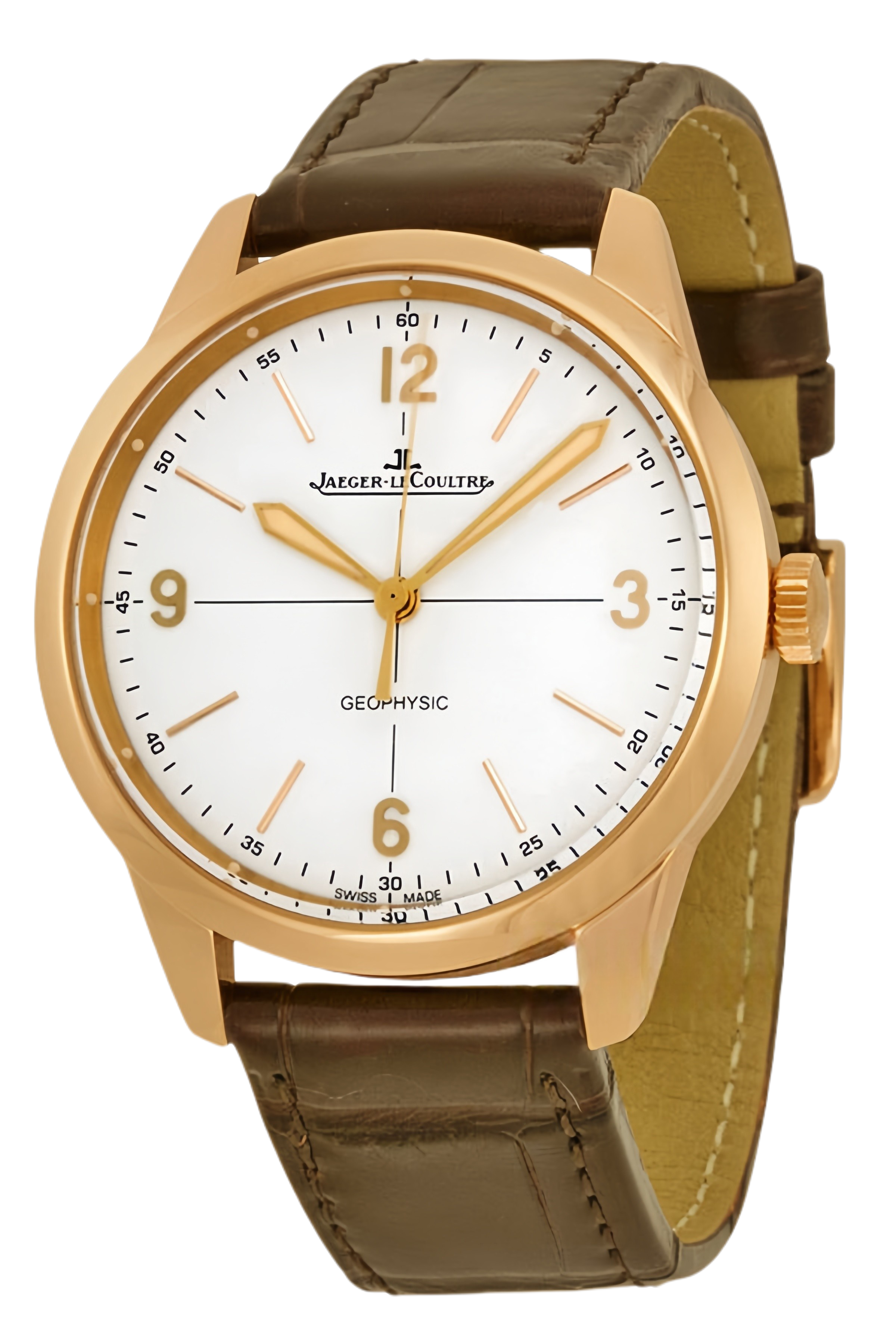 Jaeger-LeCoultre Geophysic True Second Ref. 8002520 Super Clone Watch – White Dial Rose Gold Case Brown Leather Strap Replica