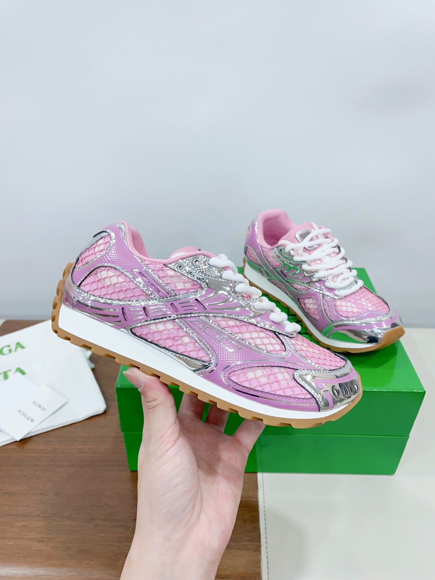 ORBIT SNEAKER IN BLUSH PINK TECHNICAL FABRIC AND METALLIC MESH、mysite、Cacoeks