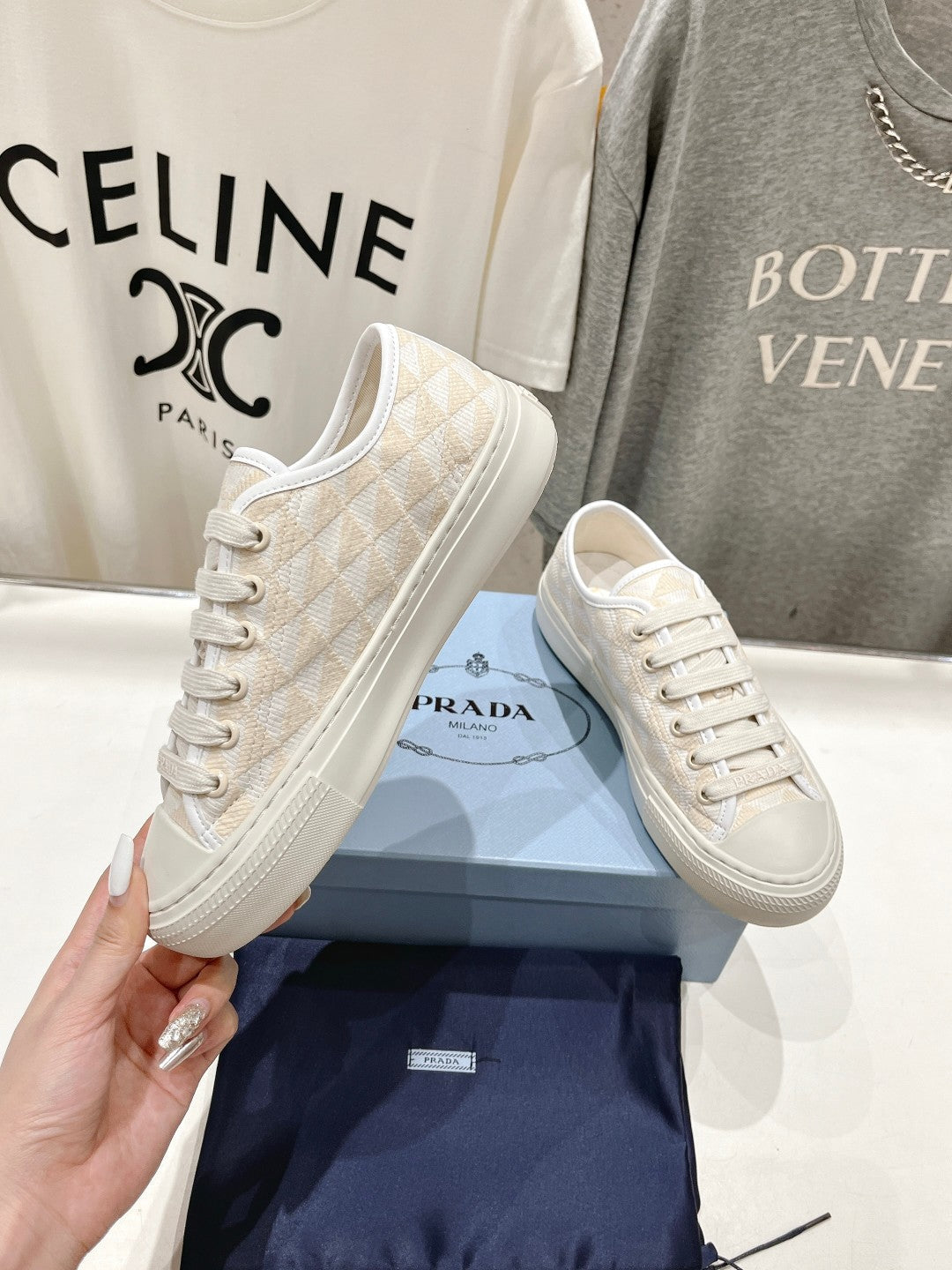 PRA PRINTED COTTON SNEAKERS WHITE AND BEIGE CANVAS、mysite、Cacoeks