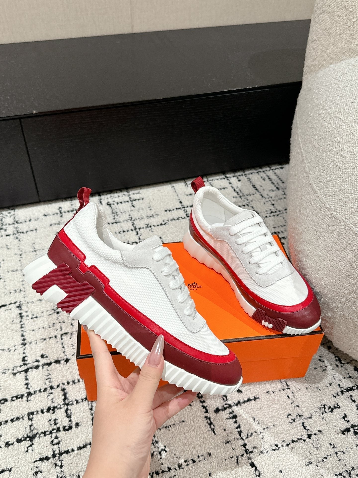 BOUNCING SNEAKER IN WINE RED CALFSKIN AND WHITE FABRIC、mysite、Cacoeks