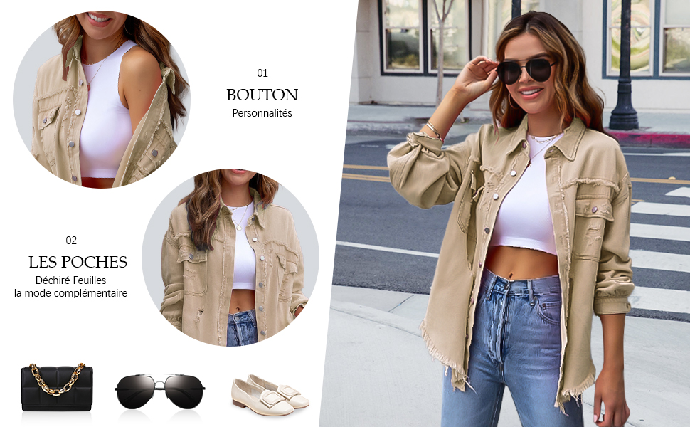 Beige oversized jacket with multiple pockets, shown on a woman paired with white crop top and jeans. Close-up views highlight jacket details and styling options.