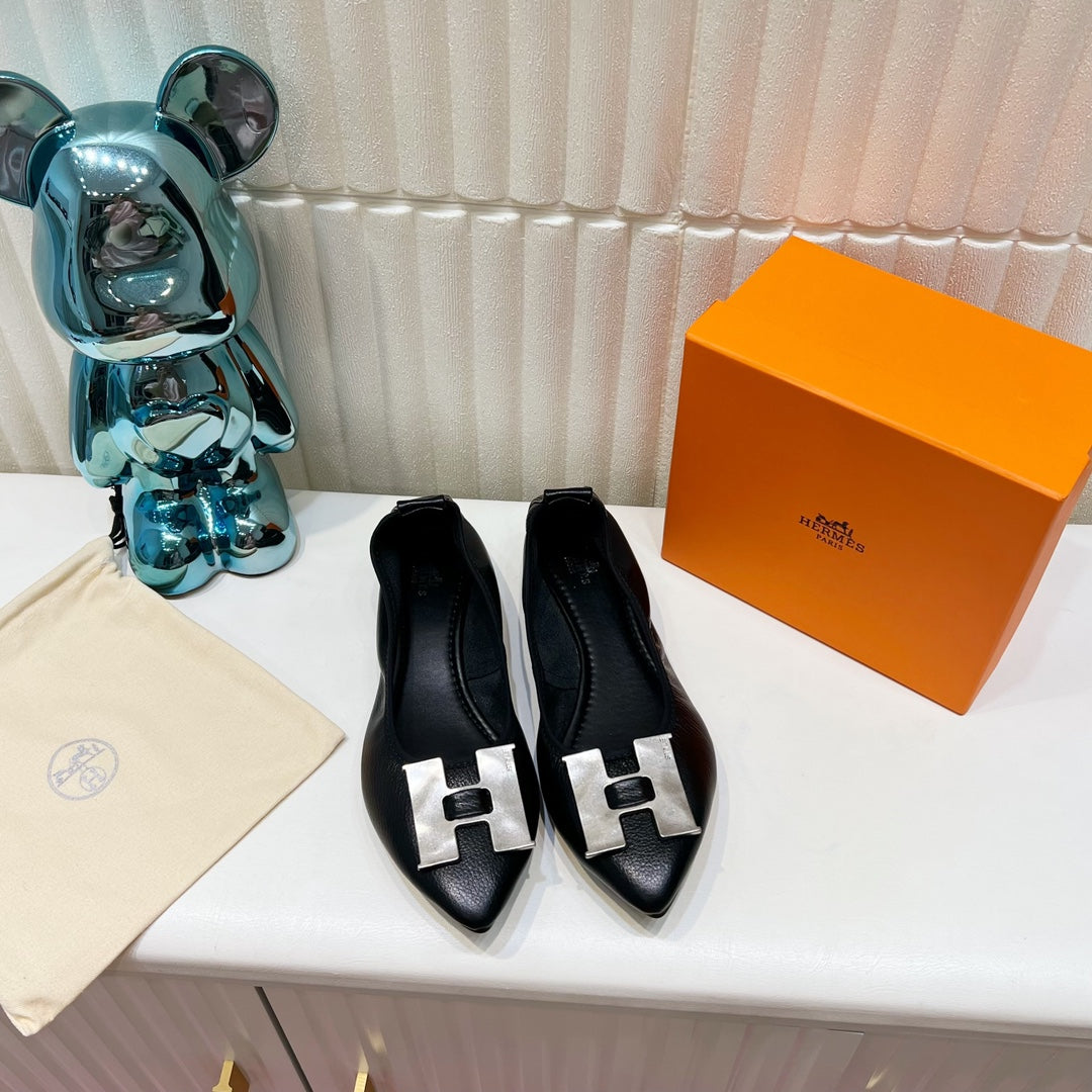 H-BUCKLE BALLLET FLAT BLACK CALFSKIN、mysite、Cacoeks