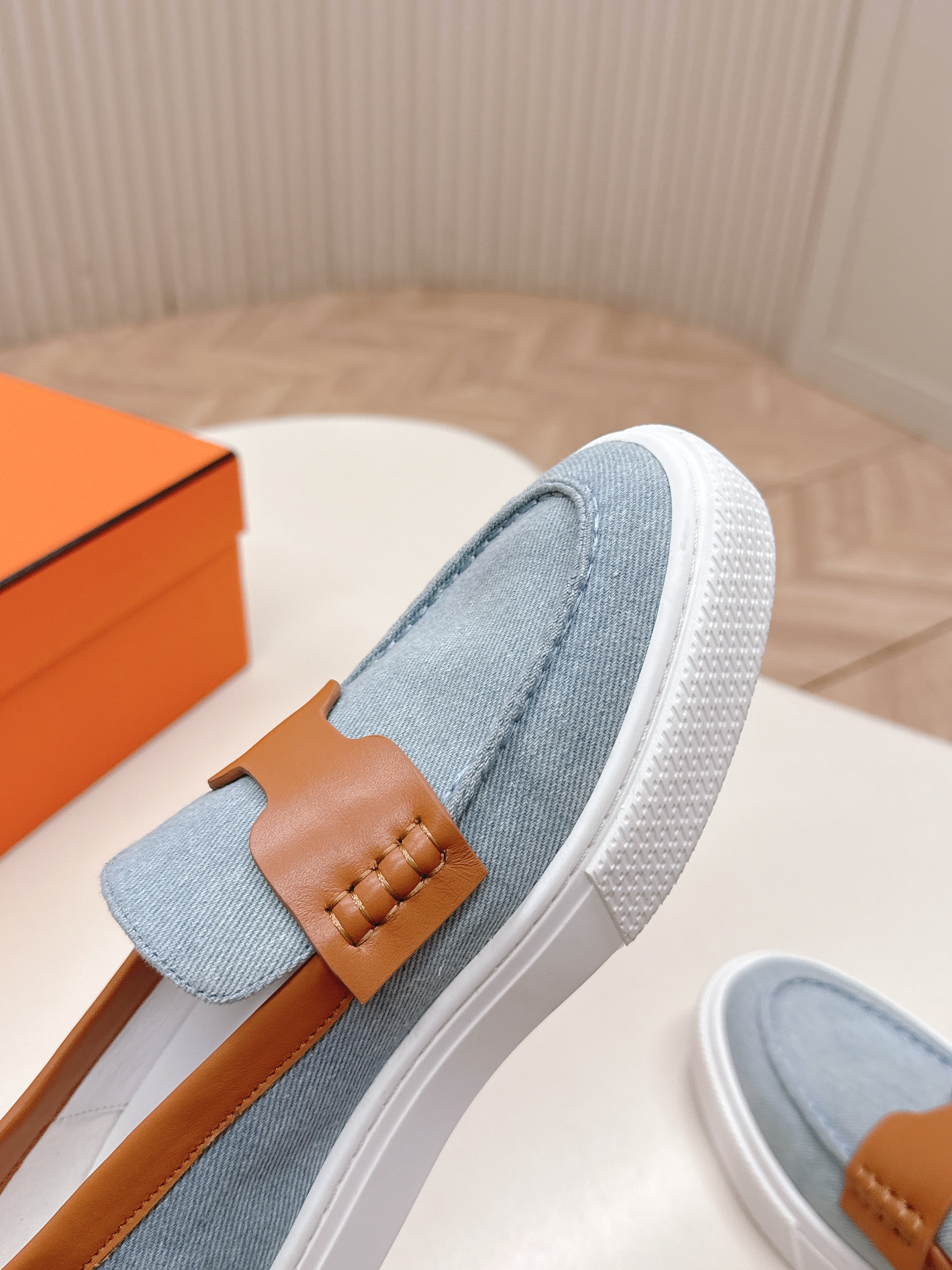 HM 25S SLIP-ON IN BLUE DENIM AND BROWN LAMBSKIN、mysite、Cacoeks